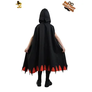 Kids Halloween hooded black cape with red jagged hem for costume party dress up wear