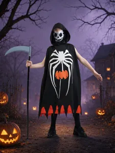 Halloween Children Hooded Cloak Pumpkin Spider Web Print Cape Top With Skull Mask And Scythe Prop For Party Costume Boys Girls