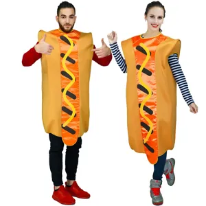 Costume de hot-dog drôle pour adultes et couples, idéal pour fêtes et spectacles.