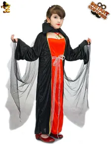 Halloween Kids Girls Vampire Princess Cosplay Costume Black Red Mesh Sleeve Castle Party Dress Stage Performance Apparel