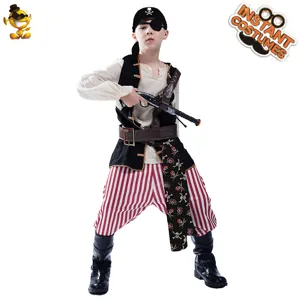 Kids pirate costume set for boys halloween cosplay party, includes shirt vest pants and hat.