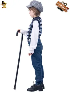 Kids Old Man Costume Set For Halloween Party Boys Grandpa Cosplay Outfit With Vest Shirt Pants Hat Glasses Cane Pipe Retro Stage Clothing