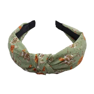 Green Floral Knotted Fabric Headband Cute Wide Hair Hoop Women Fashion Hair Accessory