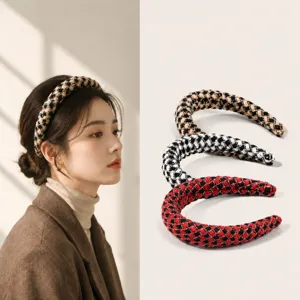 Womens Houndstooth Plaid Headband Vintage Wide Hair Hoop Fabric Hair Accessories For Daily Wash Face Hair Styling