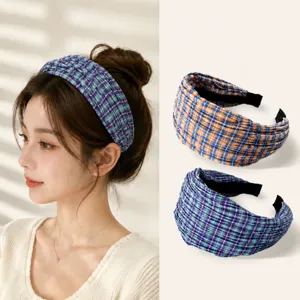 Retro Plaid Polka Dot Fabric Headband For Women Vintage Wide Hair Hoop High Crown Hair Accessories Daily Headwear