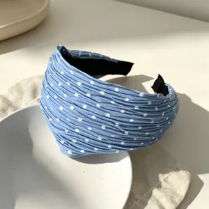 Vintage blue polka dot pleated headband for women fashion hair accessories daily wear.