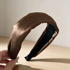 Korean style wide satin headband for women, elegant brown hair hoop for daily fashion styling.