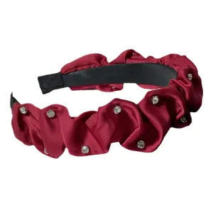 Wine red rhinestone pleated headband for women, elegant satin hair accessory with crystals.