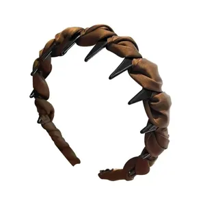 Fashion brown satin tooth headband for women, non-slip hair hoop with inner comb for daily wear.