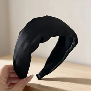 Korean style wide satin headband for women, elegant black hair hoop, high cranial top accessory.