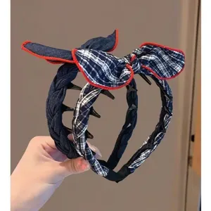 Korean sweet bow headband with denim plaid design, anti-slip teeth detail for women daily accessory