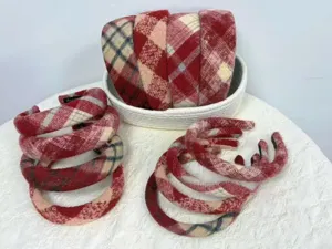Red plaid woolen headband, chic wide brim hair hoop, cozy winter fashion hair accessory for women.