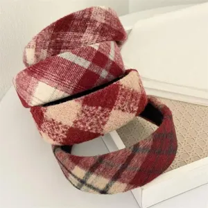 Red plaid wool headband, wide brim winter hair hoop, chic vintage style hair accessory for women.