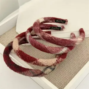 Red plaid woolen headband, wide fleece hair hoop, cozy winter hair accessory for women.