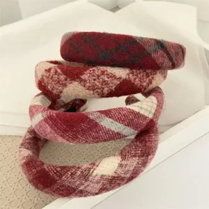 Red plaid woolen headband detail shot, wide brim design, chic style for daily wear and styling.
