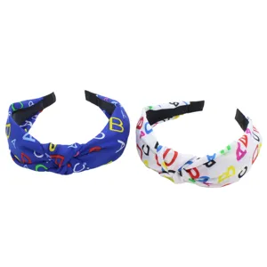 Serre-tête en tissu noué large avec impression de lettres colorées pour femmes adultes