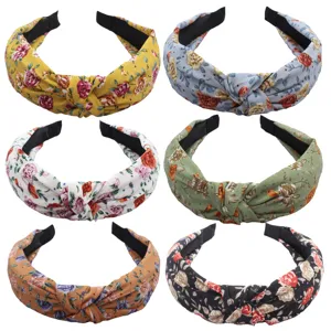 Retro floral knotted headband set, stylish fabric hair hoops for women spring daily wear.