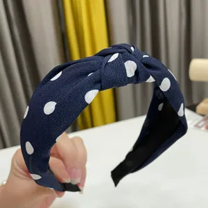 Blue white polka dot wide fabric headband women hair hoop retro hair accessory for daily wear