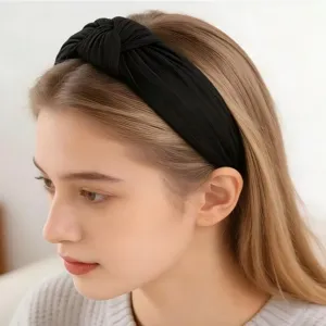 Black knitted cotton wide headband with cross knot design, perfect for daily hair styling.