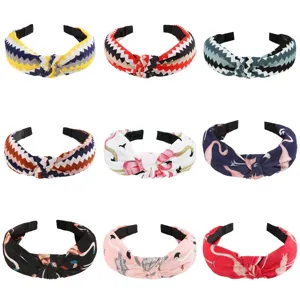 Women fabric knotted headbands set, retro zigzag and flamingo printed wide hair hoops for daily wash.