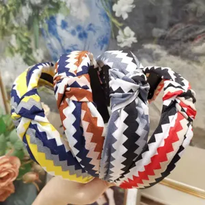 Retro fabric knotted headband set with chic zigzag pattern, stylish wide hair hoop.