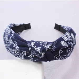 Blau-weißer Paisley-Stoff Haarreif mit Knotendetail, stilvolles retro breites Haarband.