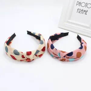 Korean style wide fabric cross knotted hair hoop for women, sweet polka dot hair accessories.