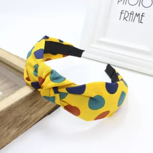Korean style wide fabric cross knotted headband with colorful polka dots, cute fashion hair accessory.