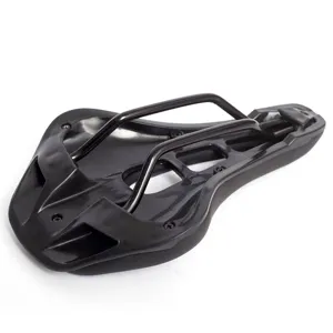 Black bicycle saddle bottom detail, sturdy metal rails, durable replacement bike seat part.