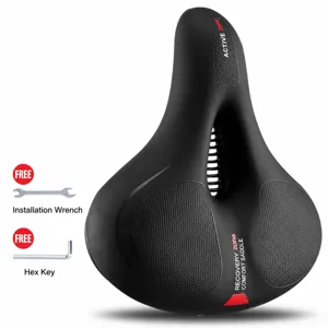 Ergonomic bicycle saddle detail showing breathable hollow design and shock absorption features.