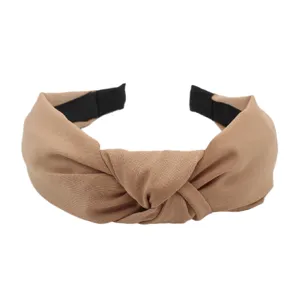 Khaki solid color knotted wide headband, casual fashion fabric hair accessory detail shot.