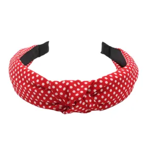 Red polka dot fabric headband with knotted design, wide brim hair hoop for women daily wear.