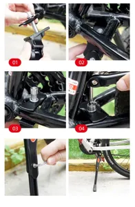 Detail view of bicycle center kickstand installation steps, adjustable aluminum stand parts.