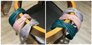 Nahaufnahme von weichen Samt Haarreif mit Knoten in eleganten Farben, schickes breites Haarteil.