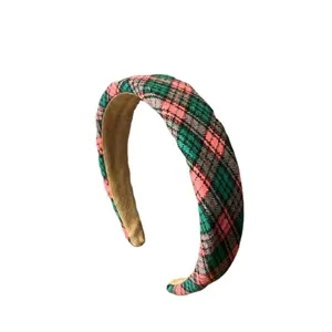 Retro plaid sponge headband for women, thick padded hair hoop, vintage autumn winter hair accessory.