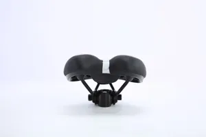 Detailed rear view of a comfortable black bicycle saddle with reflective strip and metal mount.