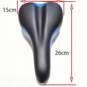 Ergonomic bicycle saddle in black and blue, 26cm length and 15cm width for mountain bikes.