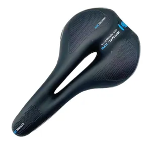 Ergonomic black mountain bike saddle with memory foam and central cutout for comfortable long rides.
