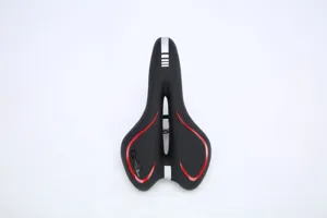 Ergonomic bicycle saddle with hollow breathable design, comfortable gel padded mountain bike seat.