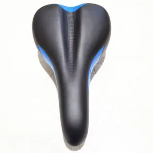 Ergonomic bicycle saddle with breathable groove, black and blue bike seat for mountain road cycling.