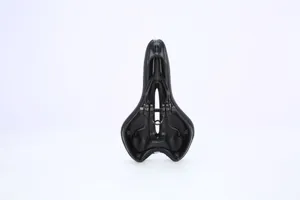 Detail view of the black bicycle saddle bottom structure, universal bike seat replacement.