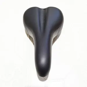 Ergonomic black bicycle saddle with center ventilation groove for comfortable mountain and road riding.