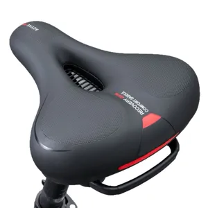 Ergonomic bicycle saddle with hollow ventilation design, thick padding, and rear handle for bikes.