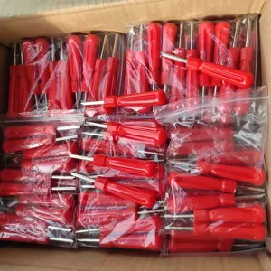 Valve core wrench tool set, red plastic handle metal stem remover bulk pack in carton box.
