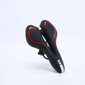 Ergonomic bicycle saddle with thick shock-absorbing gel padding, main view of black and red seat.