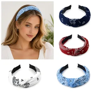 Bandeau en Tissu Fait Main Haute Couronne Motif Floral Paisley Large Nœud Croisé pour Femmes Mode Trajet
