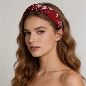 Serre-tête en tissu rouge motif paisley noué, accessoire de coiffure femme chic.