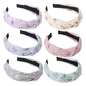 Womens Fashion Cloth Cross Knotted Headband Daisy Butterfly Print Sweet Hair Hoop Daily Hair Accessories Headwear