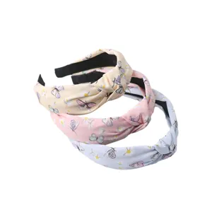 Chic floral butterfly print knotted fabric headband set, cute daily hair accessories for women.