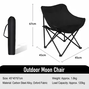 Portable outdoor folding moon chair with heavy-duty carbon steel frame and durable oxford cloth.